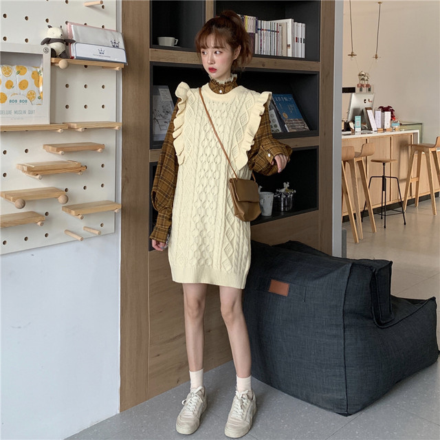 セットアップ チェックシャツ ケーブルニット 韓国ファッション レディース 2点セット チェック柄 ニットワンピース ランタンスリーブ Dtc レディースファッション通販 Mask エムエーエスケー 大人可愛い韓国ファッション