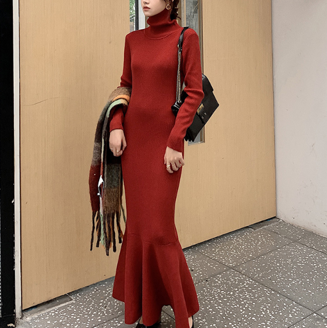 One Piece Mermaid Knit ワンピース ニットワンピ ロング丈 マキシ丈 マーメイド エレガント 上品 スリム タイト タートルネック ハイネック 4色展開 ブラック ワインレッド イエロー アプリコット おしゃれ シンプル 無地 大人 きれいめ デイリー お出かけ ランチ 秋 冬