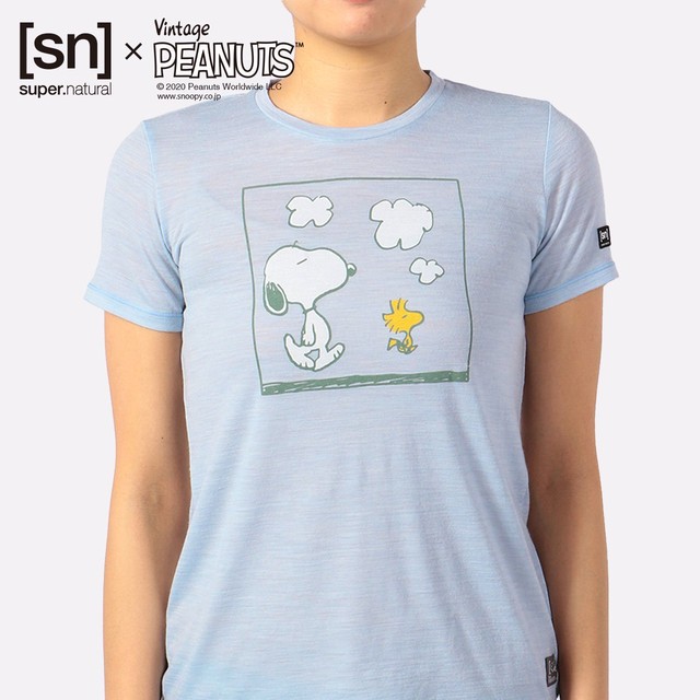 Off Sn Super Natural スーパーナチュラル ウィメンズ レディース W Vintage Snoopy Woodstock Tee レディース 半袖 スヌーピー ウッドストック Tシャツ メリノウール K36 スカイウェイメランジ 965 アッシュメランジ Snwj トレイルフェストランニング