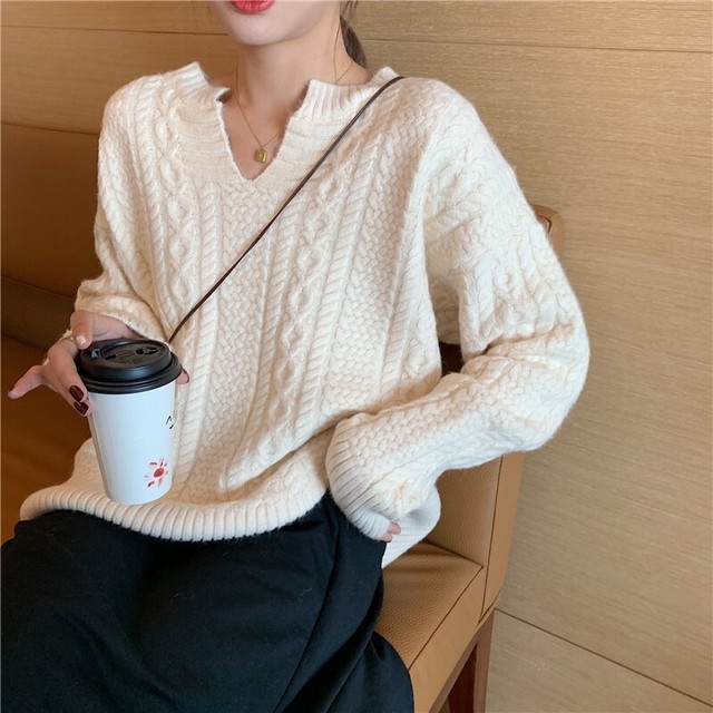 ざっくりニット Vネック キーネック ビッグシルエット ケーブルニット