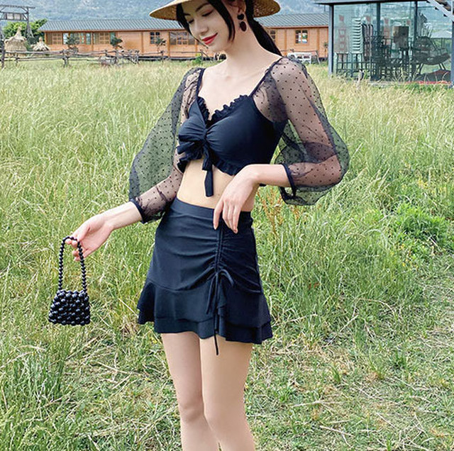 水着 セパレート 水着 タンキニ ドッドレース 透け感 フリル 袖付き 体型カバー 大人可愛い カジュアル プール ビーチ 海 夏 O P