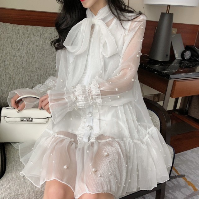 大きなリボンネクタイがアクセント シフォンワンピース ミニワンピース シースルー キャンディスリーブ レースワンピース オルチャン Ptnym10 Shop Suba