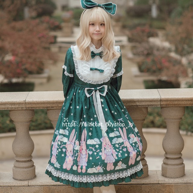 Lolita Op Dress ロリータドレス ワンピース ロリィタ 日常用 お茶会 撮影 Cosplay イベント 春夏秋 ロリ 長袖 Xs S M L グリーン 緑 Mintcat