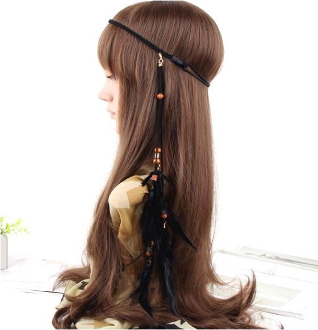 ボヘンミアンヘアアクセサリー インディアンフェザーヘアバンド 黒 羽根髪飾り ｈathor ハトホル