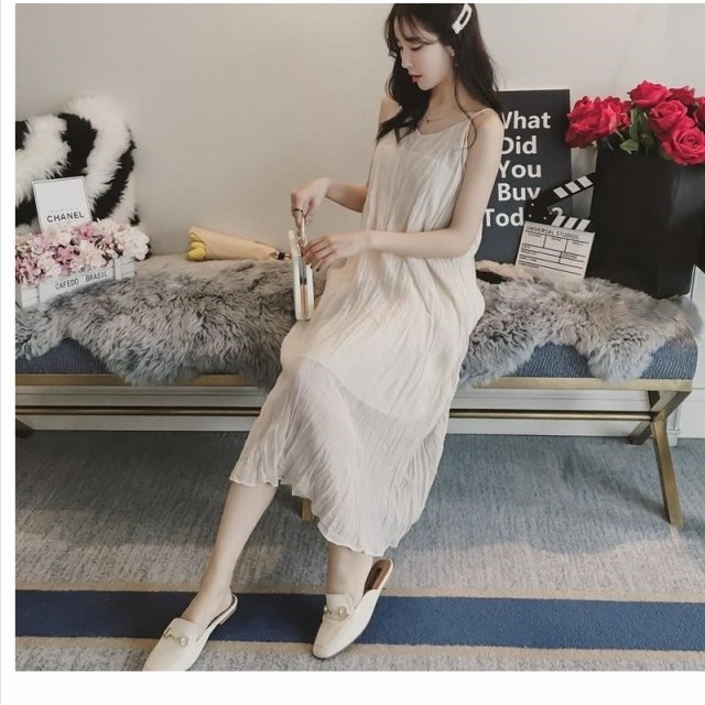 夏服 レディース ミモレ丈 キャミワンピース 膝下ワンピース シフォンワンピース Iラインワンピース ノースリーブ レディース 韓国 オル Basecamp49