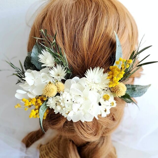 ホワイト小花 イエロー ミモザ ナチュラル髪飾り ウェディング 成人式 Niji Wedding 手作り ブーケ 髪飾り 花冠の通販