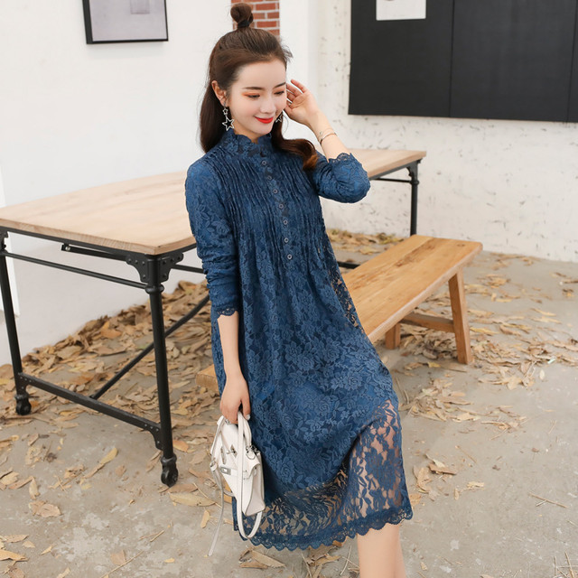 マタニティ ワンピース ドレス 長袖 フォーマル 結婚式 二次会 お呼ばれ 謝恩会 総レース 大きいサイズ ハイネック ブラック ブルー 黒 青 ひざ丈 大人 キレイ 上品 ゴージャス エレガント 妊婦服 マタニティウェア マタニティ授乳服 Mommystyle