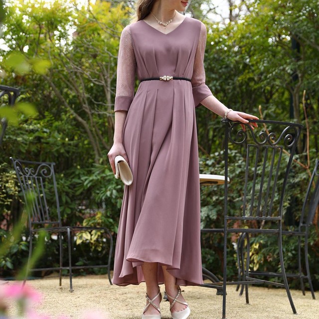 大きいサイズ有り 袖レースウエストタックロングワンピース カリーナ