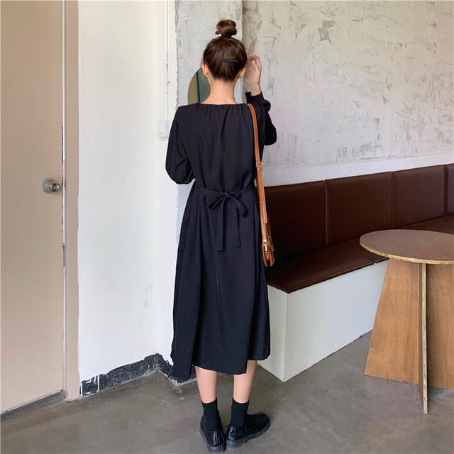 レディース ワンピース 春 秋 冬 シャツ ワンピース 長袖 ロング丈 スクエアネック ワンピース シンプル カジュアル おしゃれ ガーリー 大人可愛い お出かけ デート 通学 キャンパス 通勤 オフィス 学生 旅行 女子会 普段着 ブラック カーキ 黒 Hf Haru Foo