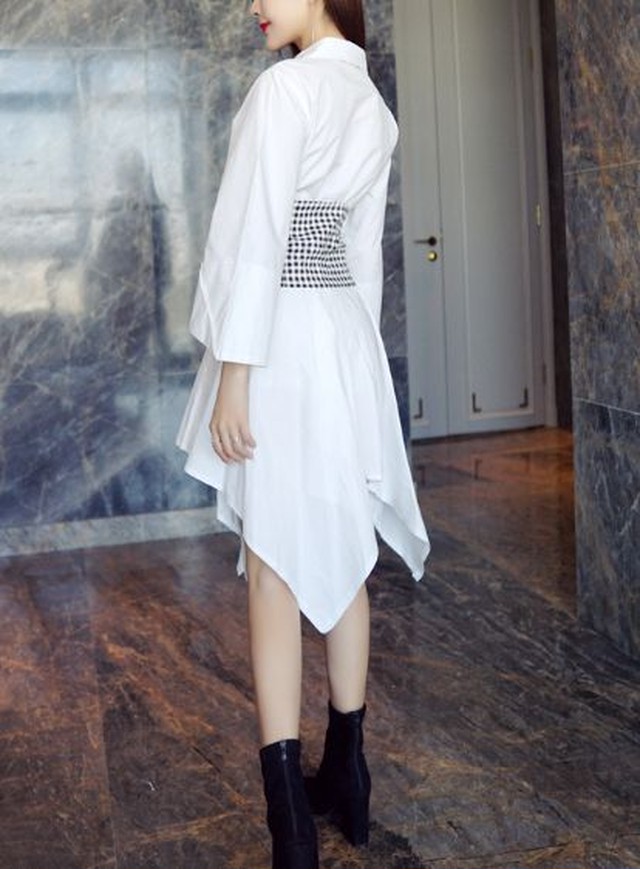 シャツワンピース 白 ワンピースドレス ワンピース レディース きれいめ 膝丈 七分袖 ギンガムチェック Vネック 不規則裾 Jm3022 ワンピ の里