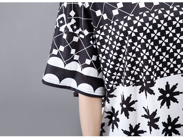ワンピース 大きめサイズ タイプ 幾何学プリント 幾何学ワンピース 柄ワンピース 柄ワンピ エキゾチック ハイウエスト ゆったり ゆったりワンピース 夏 夏コーデ ミドル丈 ひざ丈 ひざ丈ワンピース お出かけ お休みコーデ 個性的 個性的ワンピース 白黒プリント 白黒
