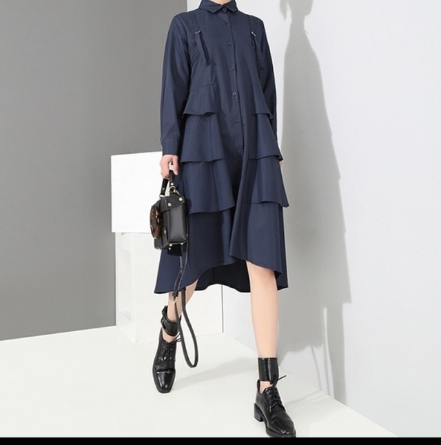 ワンピース ひざ丈 ミモレ丈 秋冬 新作 ワンピ フリル Aライン シャツワンピース シャツワンピ アシンメトリー おしゃれ 長袖 ワンピース ひざ丈 ミモレ丈 秋冬 新作 ワンピ フリル Aライン Leaflower 001 リーフラワー レディースファッション専門店