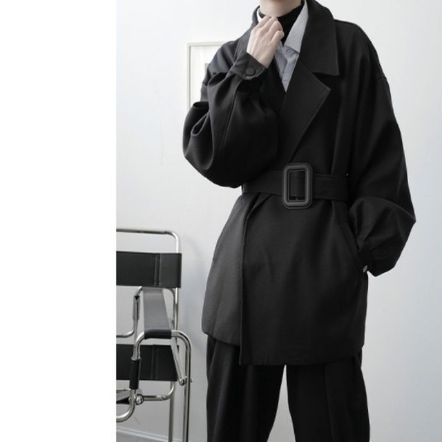 チェスターコート ボタン無し ベルト リブ袖 ミドル丈 ブラック 黒 メンズ シック モード きれいめ 韓国 お支払い後日以内に発送 Out086 Garcons