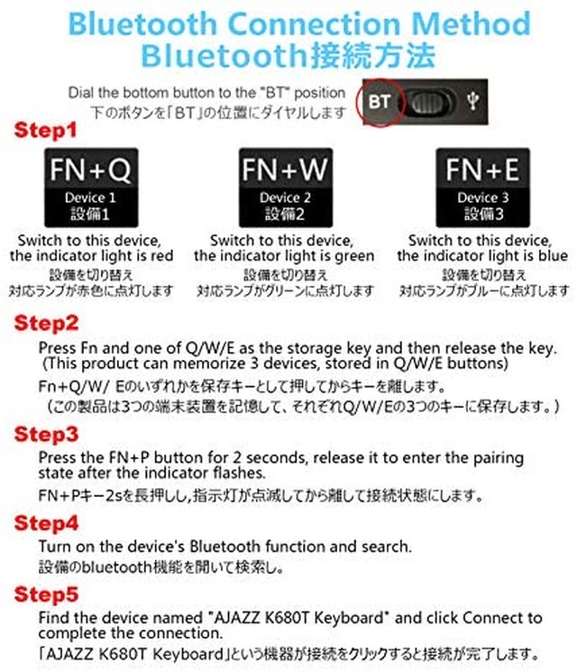 Jpcs Ajazz K680t Usb有線 Bluetooth 両対応 ワイヤレス メカニカル キーボード 小型 68キー Ledバックライト搭載 英語配列 Ios Android Mac Windows対応 ホワイト 黒軸 Japan Classic Store