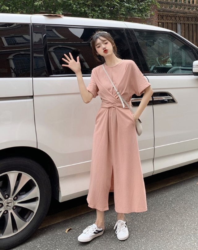 ウエストマークでスタイルアップ シンプル ワンピース ワンピース レディース 半袖 Tシャツワンピ ロング スカート スリット入り スタイルアップ リボン ベルト 春 夏 ピンク ゆったり シンプル カジュアル ルームウエア 送料無料 韓国レディース キッズファッション