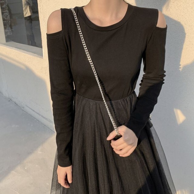 ワンピース チュールワンピース 長袖 無地 肩出し 肩あき 異素材ミックス ロング丈 きれいめ A11 Happinessshop ハピネスショップ レディース ファッション アイテム トレンド