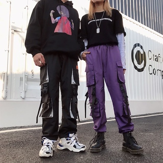 韓国ファッション ジョガーパンツ カーゴパンツ ストリート 紫と黒2色 スニーカーと相性抜群 韓国ファッション ユニセックス メンズ レディース ビーチブルバード