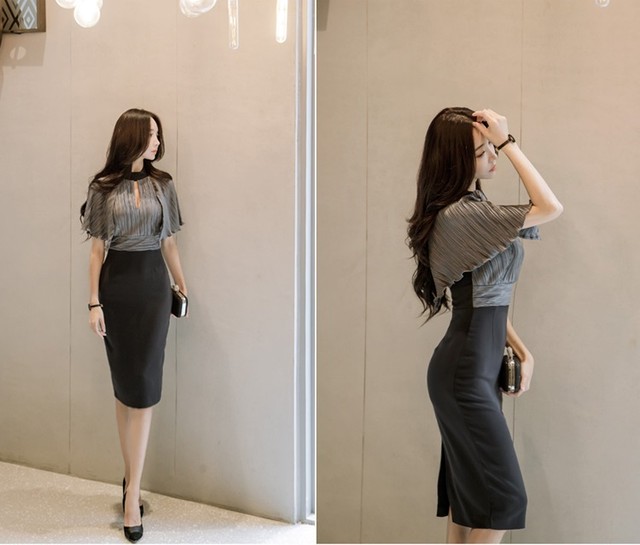 ドレス バタフライスリーブ ワンピース グレー ペンシルスカート パーティー フォーマル California Express