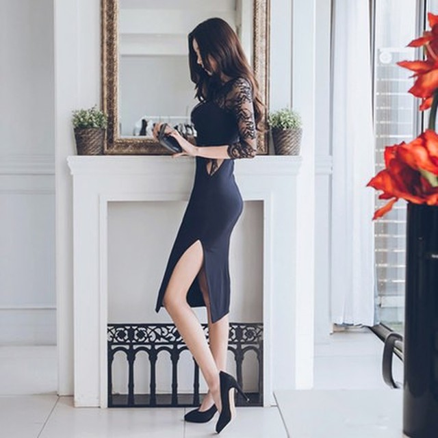 パーティードレス 結婚式 二次会 ワンピース ２０代 ３０代 ４０代 袖あり ひざ丈 黒 レース 結婚式ドレス セクシーワンピース Pc125 ワンピの里