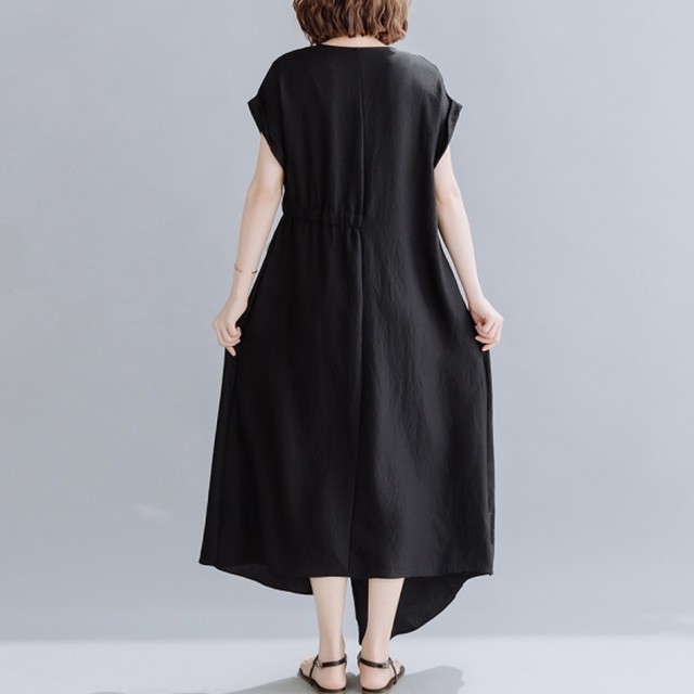 半袖ワンピース マキシ丈 ワンピース レディース サマーワンピ 黒 白 夏服 半袖 体系カバー Vネック 細見えワンピース きれいめ Rx0487 Raxia ラクシア