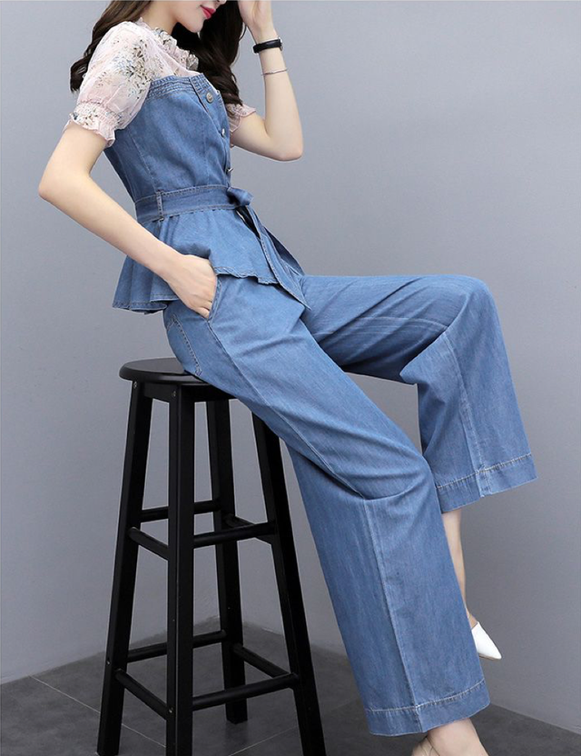 チャンピオン セットアップ パンツドレス パーティードレス デニム シフォンレース きれいめ ワイドパンツ 脚長 ブルー ウエスト細見え ウエストリボン クライマックスセール再値下げ Www Endocenter Com Ua