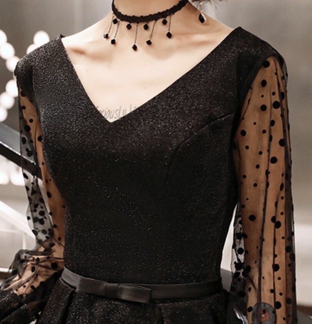 送料無料 パーティードレス ドット ｖネック パフスリーブ 長袖 ロング丈 ワンピース ドレス 結婚式 二次会 披露宴 お呼ばれ レディース パーティードレス専門店 Vergarmo