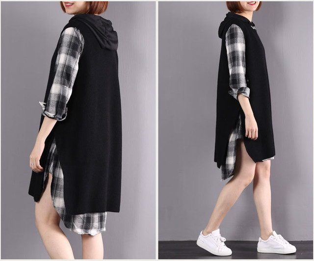 ニットベスト チェックシャツ セットアップ レディース チェックワンピース ニット チェック柄 秋新作 セットワンピース 秋冬 ツーピース 重ね着 ノースリーブ ニットワンピース Wanpi