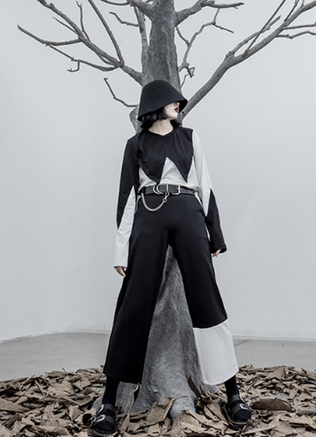 Tシャツ バイカラー 不規則 個性的 奇抜 モノトーン 長袖 クール ラウンドネック コントラスト ｙ67 Top Mode