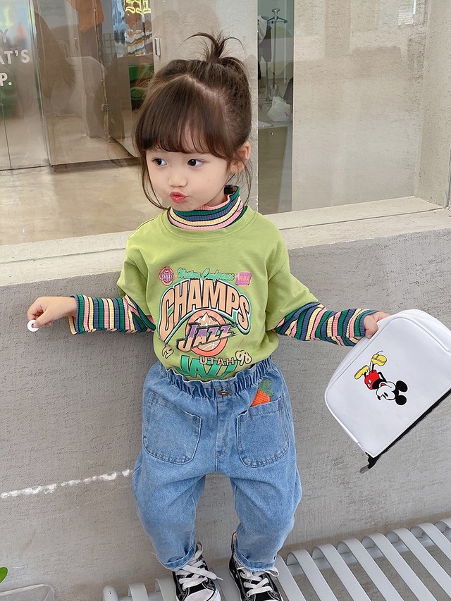 韓国子供服 カラフルボーダー 重ね着風長袖tシャツ キッズ アルファベット カジュアル ジュニア ガールズ 女の子 メンズ 男の子 ダンス ボーダー カラフル コットン オルチャン 韓国 韓国レディース キッズファッション Londonbridge ロンドンブリッジ