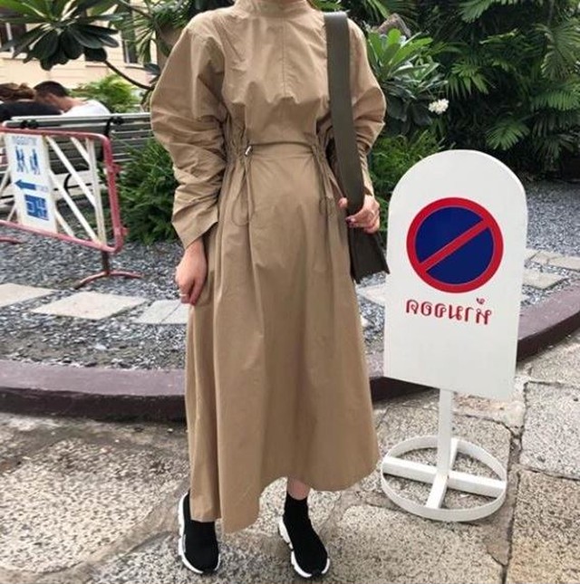 秋新作レディースワンピース韓国風お出かけ 新しいデザイン 腰止めひも スタンドカラー Aラインワンピース Cn Dress No Sato