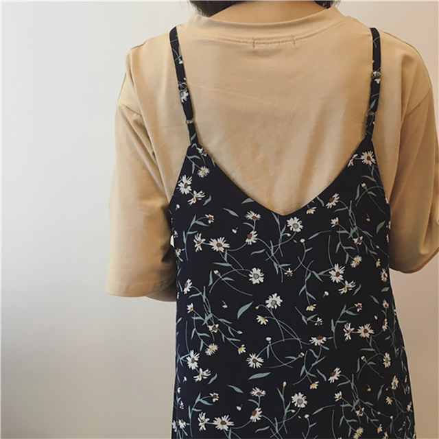 花柄キャミソールワンピース フリーサイズ ワンピース レディースワンピース ワンピ 花柄 キャミソール Vネック ロング丈 重ね着 レイヤードコーデ フェミニン おしゃれ 可愛い デイリー お出かけ 春夏 Hi 1908 Kufu