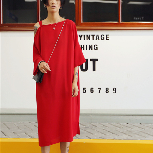 2色 Elegant Casual オフショルダー ワンショルダー オフショル ワンピース シンプル ワンカラー 単色 おしゃれ きれいめ 大人 トレンド お出かけ デート デイリー カジュアル ブラック レッド 黒 赤 まるの樹 Fashion