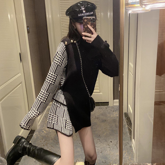 レディース ニットソー チュニック ワンピース タートルネック 千鳥格子 切り替え バイカラー 黒 千鳥 アシメトリー 大人かわいい 個性的 こなれ感 オルチャン インスタ映え Uki Uki