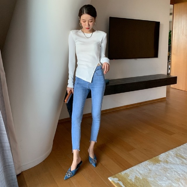 リブニット 長袖 カットソー Tシャツ 丸首 スリット ロンt トップス レディース セーター 30代 40代 50代 通勤 オフィス 着痩せ ニット Mitchie Mary