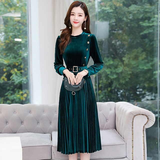 ベルベットワンピース ロング丈 プリーツワンピース レディース 冬 春 二次会 お呼ばれ お洒落 ベロア ワンピース お出かけ 着痩せ パーティードレス 上品 大人可愛い Officewalaa オフィスワラア レディースファッション スタイル