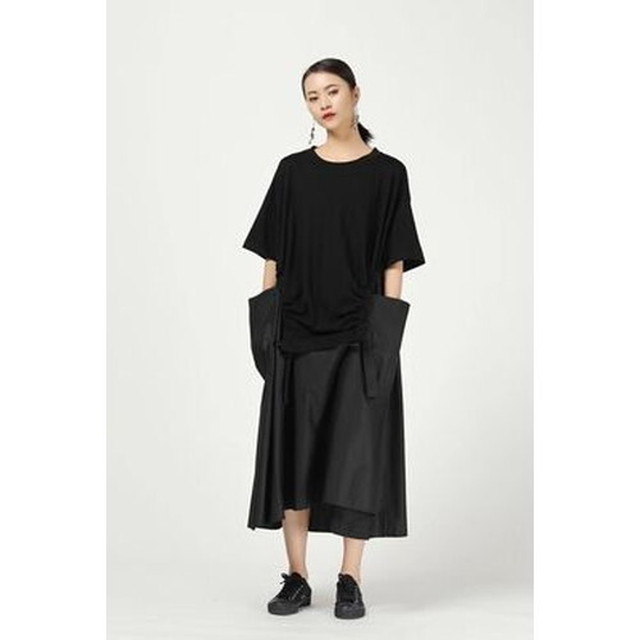 ロングワンピース 変形ワンピース レイヤードワンピース ワンピ レディース 夏 半袖ワンピース ビッグポケット 重ね着風 おしゃれ モード オーバーサイズ ゆったり ロングワンピース 変形ワンピース Leaflower 001 リーフラワー レディースファッション専門店