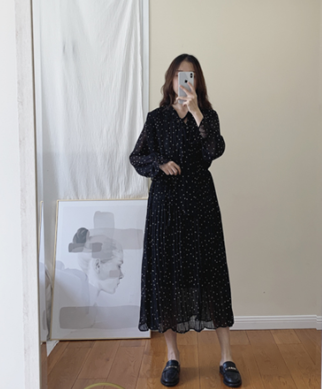 オトナ可愛い ドットワンピース4色 レディース ミディアム ミモレ丈 バイカラー 小さめドット 上品 フェミニン リボンタイ Aki1 Fulgeo