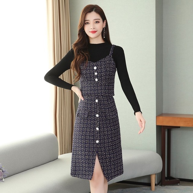 レディース スリーピース ツーピース ワンピース ひざ上丈 ミニ丈 ラウンドネック 長袖 ノースリーブ ツイード スリット シンプル エレガント 秋冬 お出かけ デート ブルー Officewalaa オフィスワラア レディースファッション スタイル