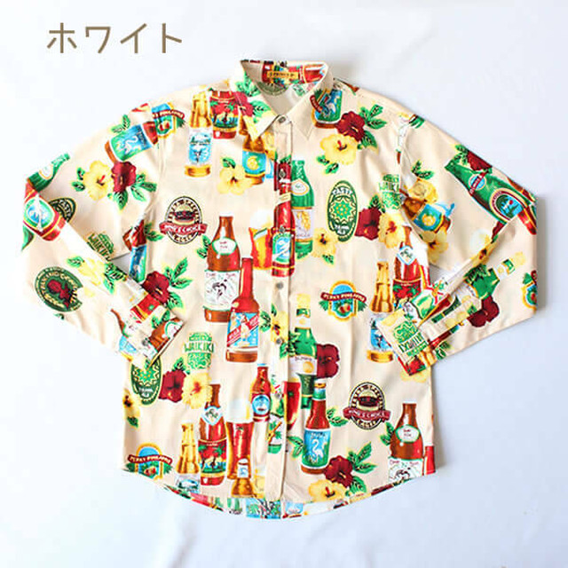 ボトル&ハイビスカス柄アロハシャツロングスリーブ【長袖】