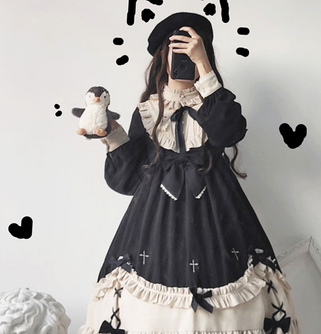 ロリータ ワンピース 長袖 黒 甘ロリ ゴスロリ 十字架 クロス クラシカル クラロリ ロリィタ ハイウエスト コスプレ 夢かわいい 原宿系 病みかわいい リボン フリル Heart Mart