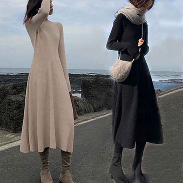 ニットワンピース ニット ワンピース レディース ロングワンピ 黒 秋冬服 体系カバー Vネック マキシ スリム 細見え 長袖 30代 40代 きれいめ Rx0617 Raxia
