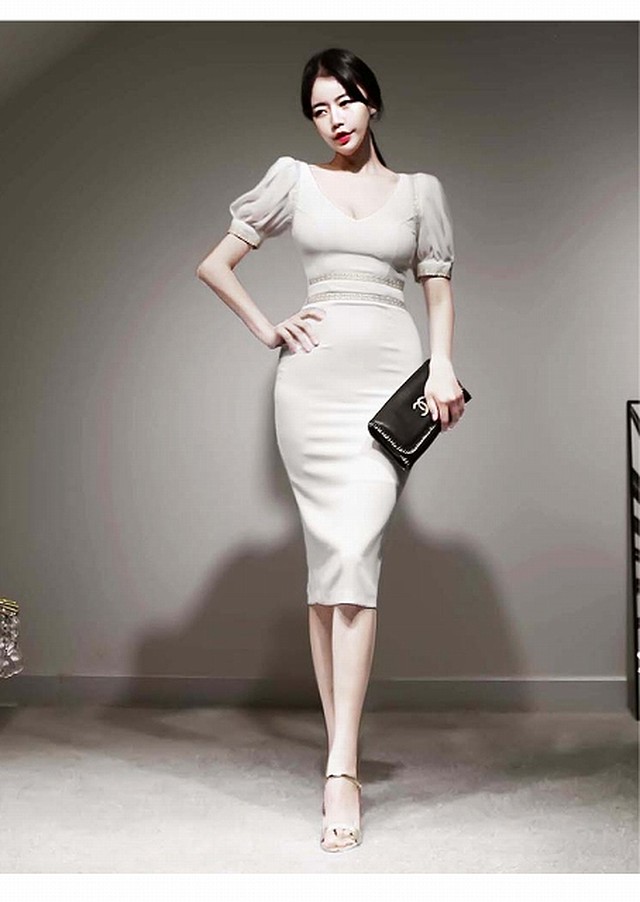 パーティードレス 10代 代 30代40代 ワンピース おしゃれ フォーマル 膝下丈 半袖 Vネック 結婚式 二次会 演奏会 ウエストマーク レース 大人 Ol ホワイト 春夏 Dress No Sato