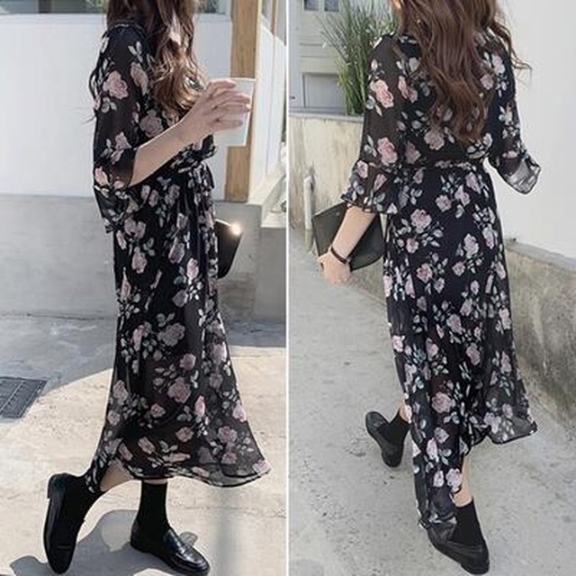 全2色 ワンピース 袖あり ロング丈 マキシ丈 カジュアル 春 春夏 春秋 七分袖 おしゃれ レディース 可愛い クラシカル ヴィンテージ ウエストリボン 花柄 シフォン ワンピ ドレス ゆったり 透け感 大きいサイズ ブラック 黒 ホワイト 白 代 30代 40代 50代