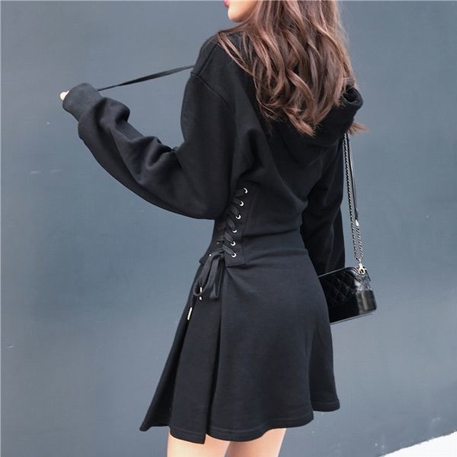 パーカー フード付 ワンピース レースアップ フレアスカート カジュアルミニ ワンピ Amaryl