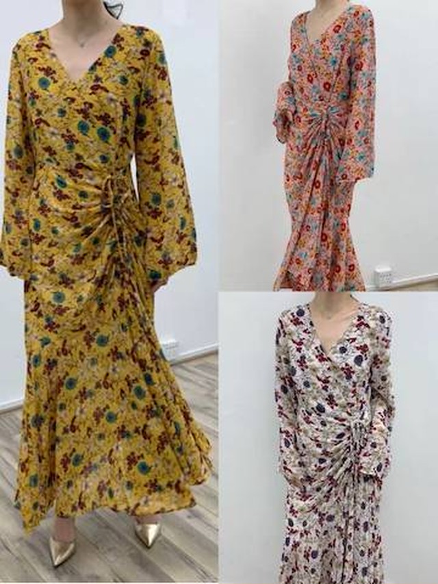 ワンピース レディース 長袖ワンピース 花柄ワンピース 花柄 ボタニカル ガーリー 総柄 Vネック リボン ロングワンピース Happy Toon