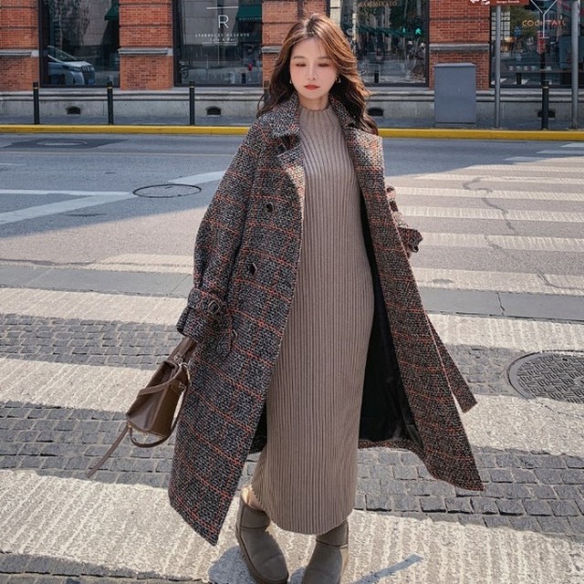 チェック コート レディース 冬コート チェスターコート かわいい 韓国 ファッション レディース ロングコート ウエストマーク コート オフィスカジュアル ダブルボタン ゆったり チェック柄 オーバーサイズ オルチャン ファッション 冬 アウター レディース Vestito
