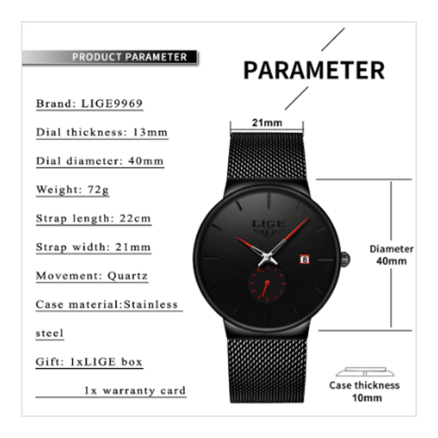 Lige 19 メンズ腕時計 薄型 クォーツ 防水 日付表示 ステンレスメッシュベルト エレガント 海外高級ブランド 9969 3色展開 Happy Hobby あなたのベストが見つかるお店