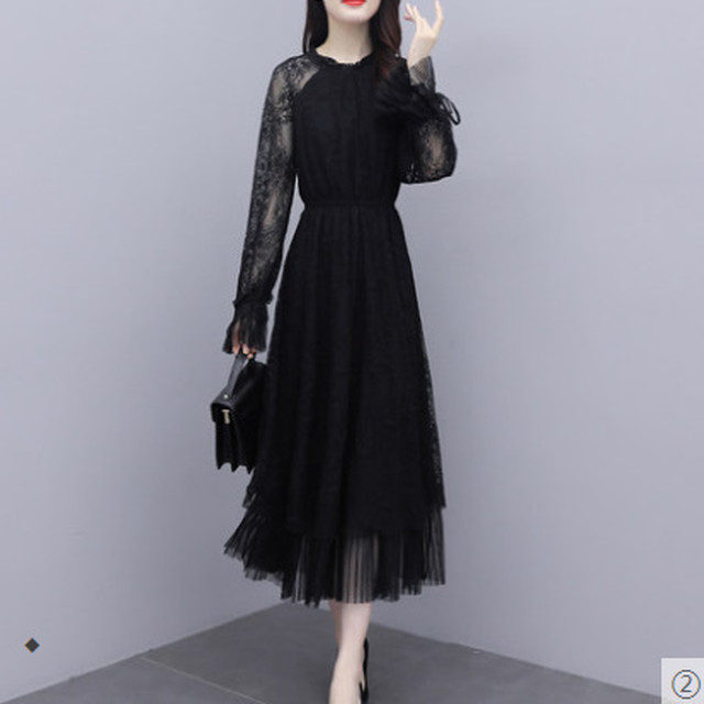 レースワンピース ロング丈 クルーネック 長袖 キャンディスリーブ ティアードスカート Aライン エレガント お嬢様 大人かわいい おしゃれ ゴージャス フェミニン お出かけ 秋冬 Virtue