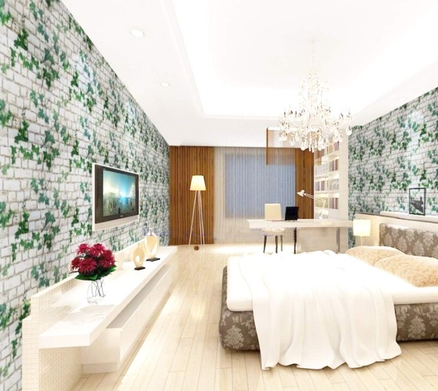 壁紙 はがせる レンガ 壁紙シール ウォールステッカー 緑 自然 グリーン ツタ草 防水 簡単 貼り付け 45cm 10m ペールグリーン 送料無料 Tno A13 輸入雑貨のお店 ハッピーセレクション マインド ワン