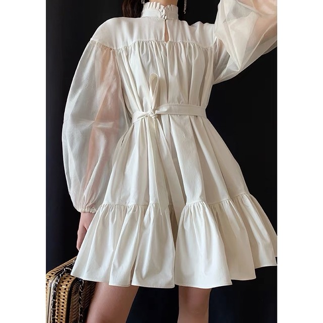 see-through sleeve white dress